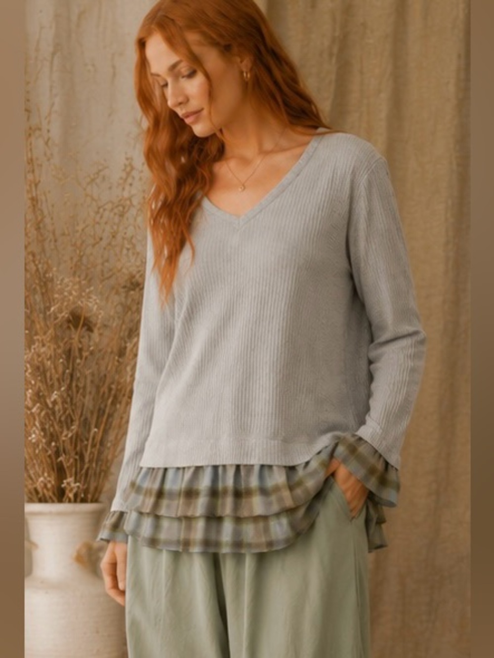 ZIA Boho Cottagecore Waffle Knit Plaid Ruffle Hem Tunic | SZ Small